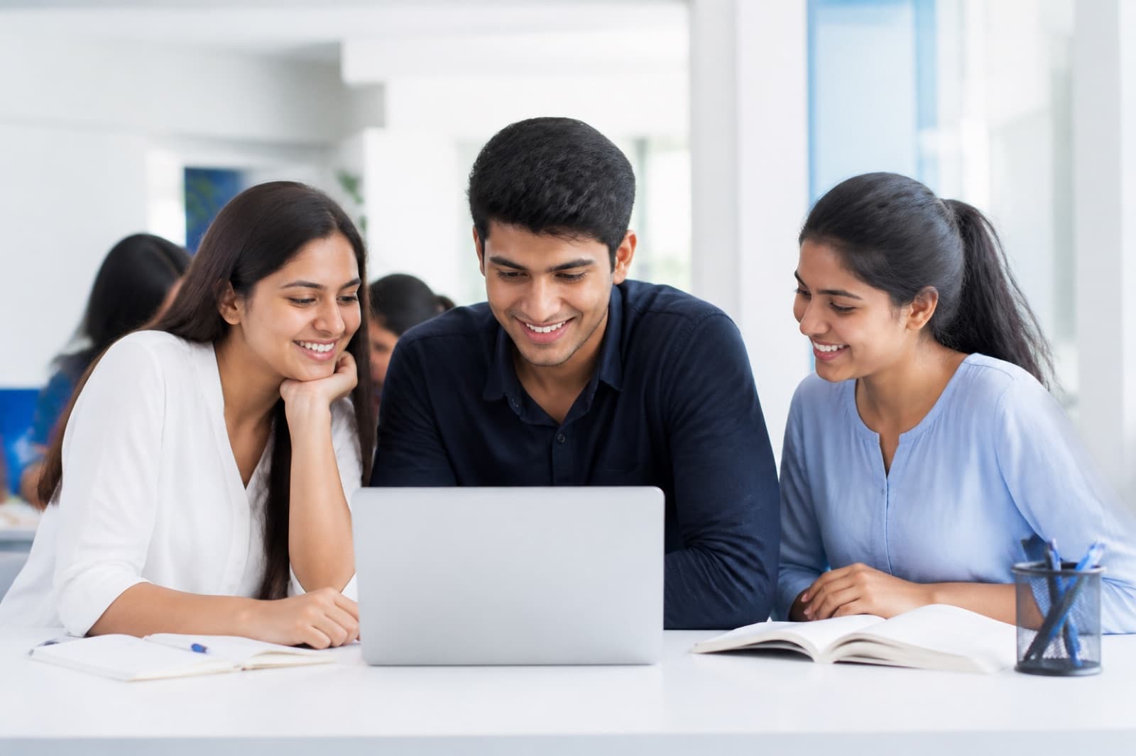 Students working through an online internship program